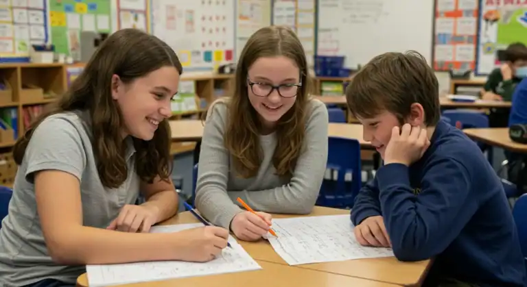 Three students sit at a classroom table, smiling and working together on worksheets with pencils. Educational posters and bookshelves are visible in the background.