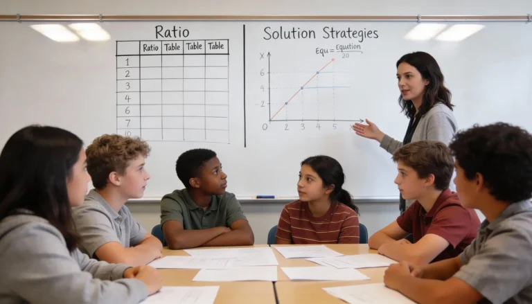 A teacher explains a math graph on a whiteboard to six students seated at a table, with charts labeled "Ratio" and "Solution Strategies" visible.